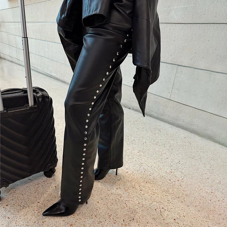 Black Vegan Leather Studded Leg Trousers