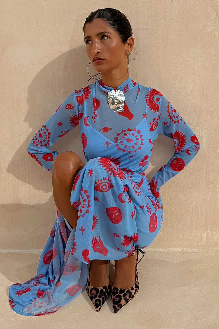 blue and red morocco mesh wrap dress Blue and Red Morocco Mesh Wrap Dress