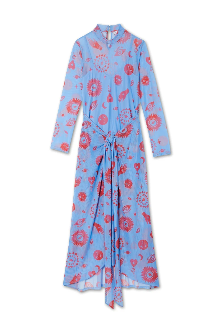 blue and red morocco mesh wrap dress Blue and Red Morocco Mesh Wrap Dress