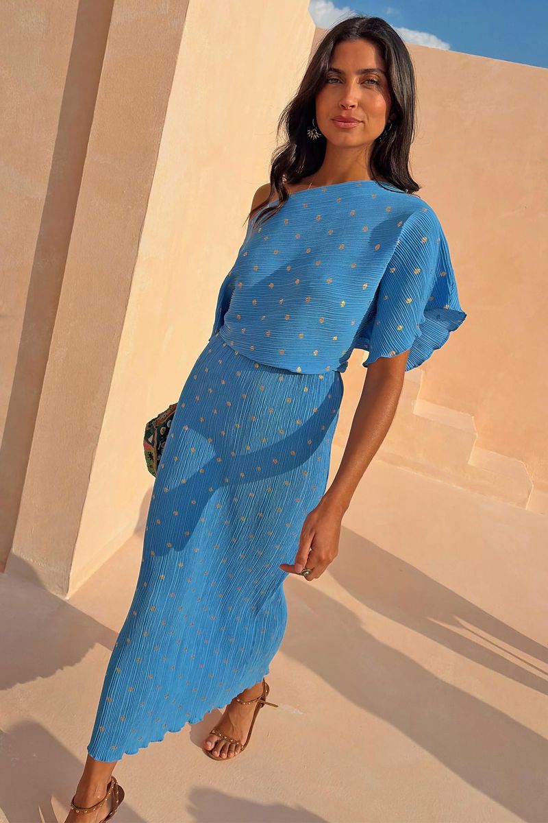 Blue Plisse Tilly Dress with Gold Fleck