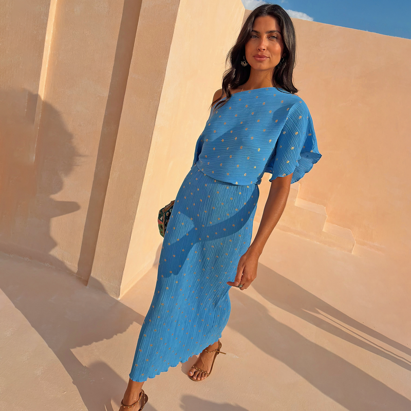 Blue Plisse Tilly Dress with Gold Fleck