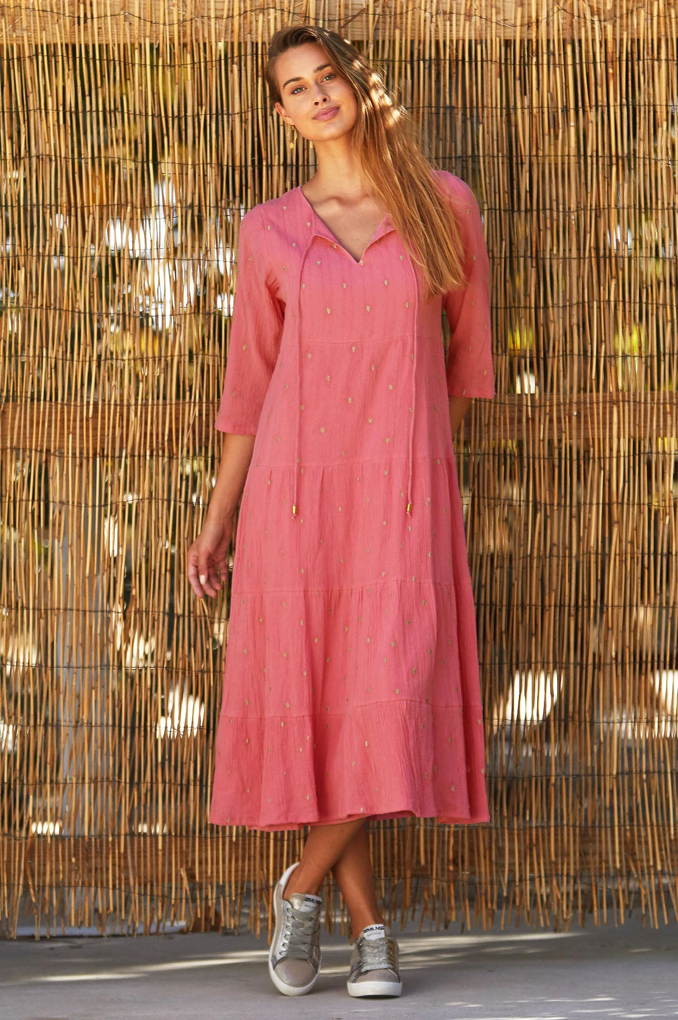 Crystal Embroidered Organic Cotton Midi Dress | Bright Pink
