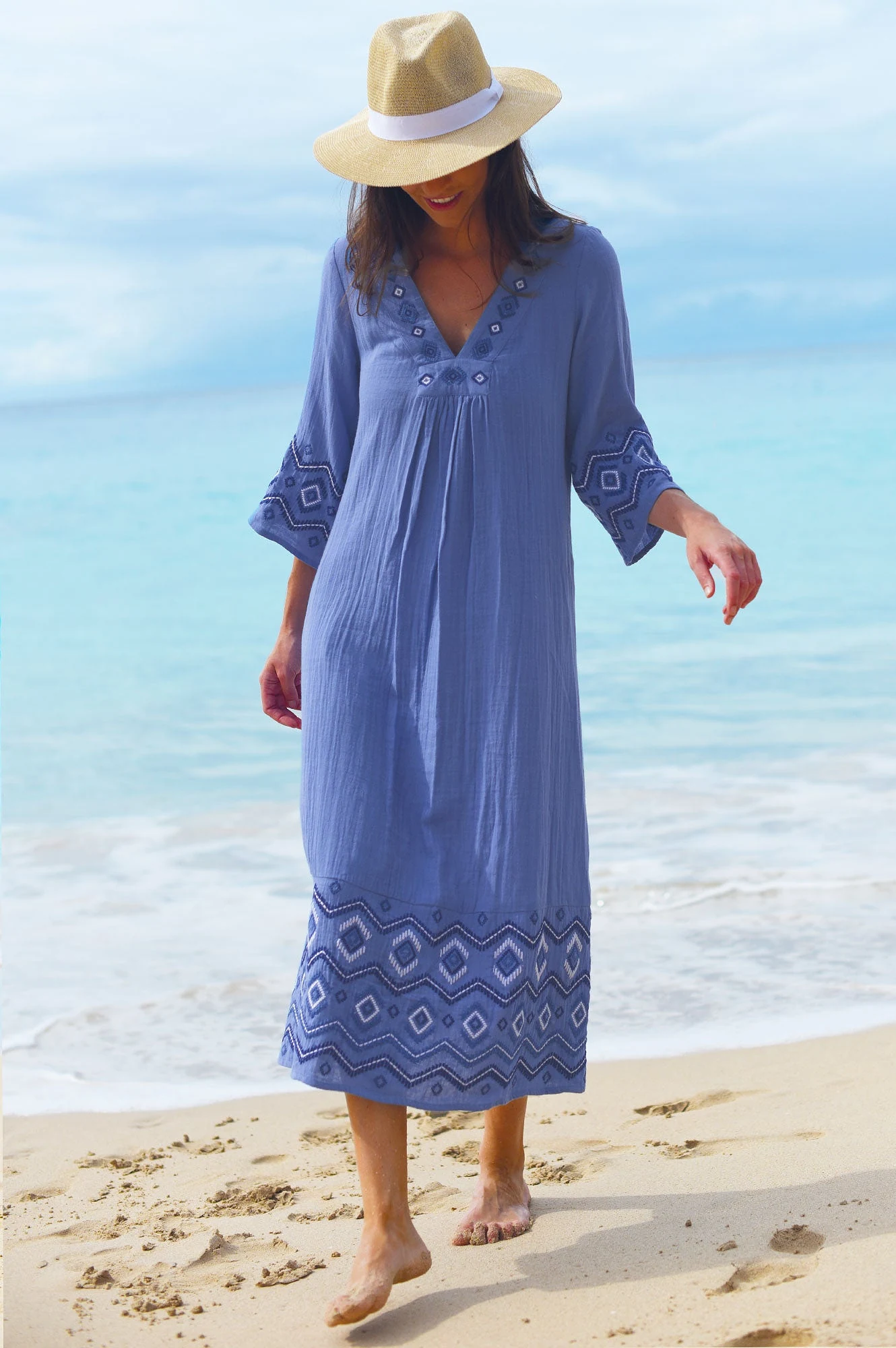 Ali Embroidered Organic Cotton Dress | Blue