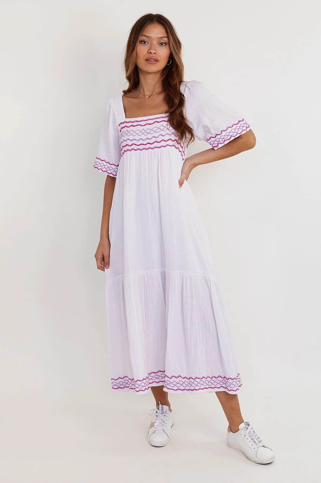 Gracie Embroidered Dress | White/ Lilac/ Magenta