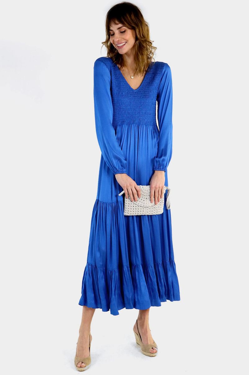 Fleur Satin Shirred Long Midi Dress | Cobalt Blue