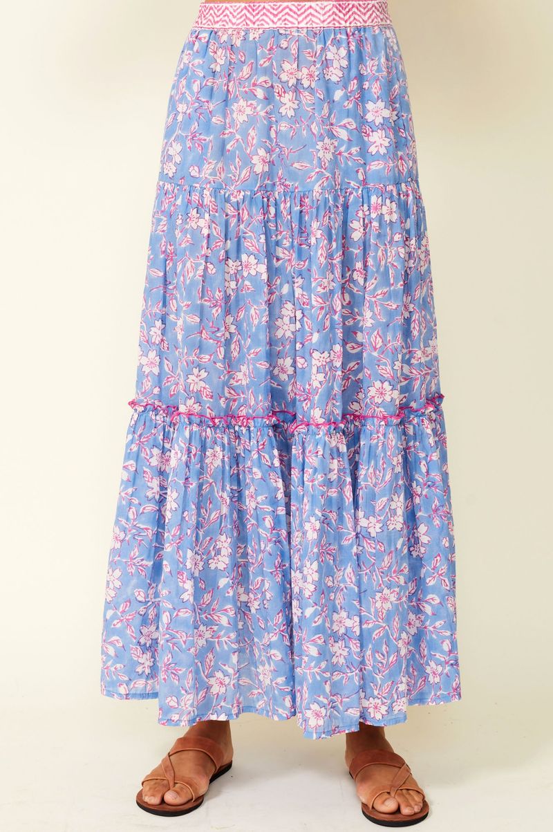 Becks Black Print Skirt Flower Marine Blue