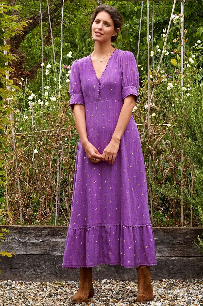 Poppy Embroidered Dress | Purple/ Gold