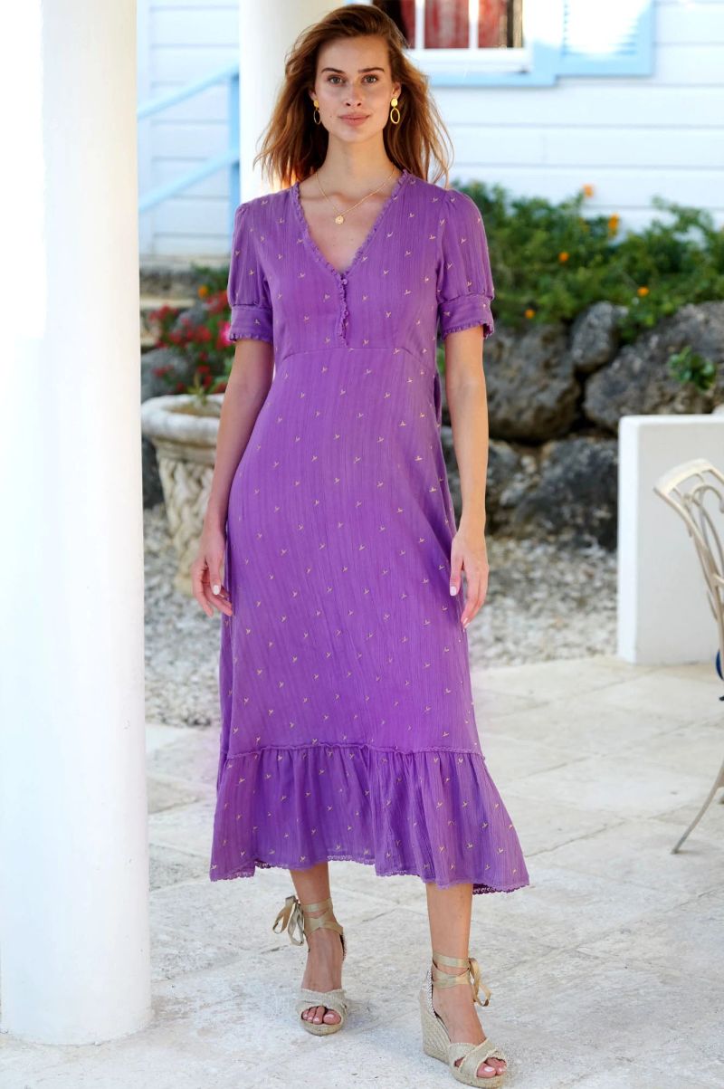 Poppy Embroidered Dress | Purple/ Gold