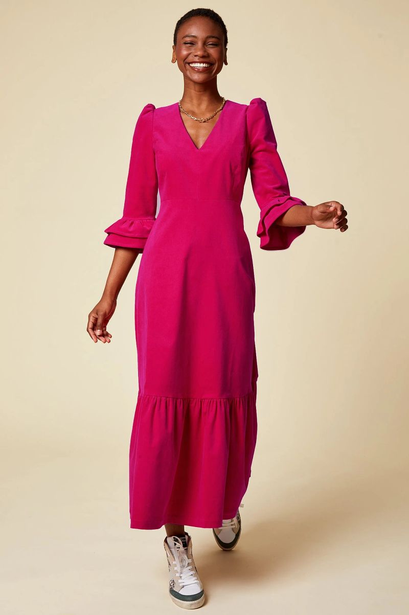 Victoria V-Neck 3/4 Sleeve Corduroy Dress | Fuchsia