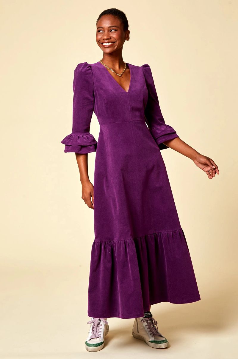 Victoria V-Neck 3/4 Sleeve Stretch Corduroy Dress | Purple