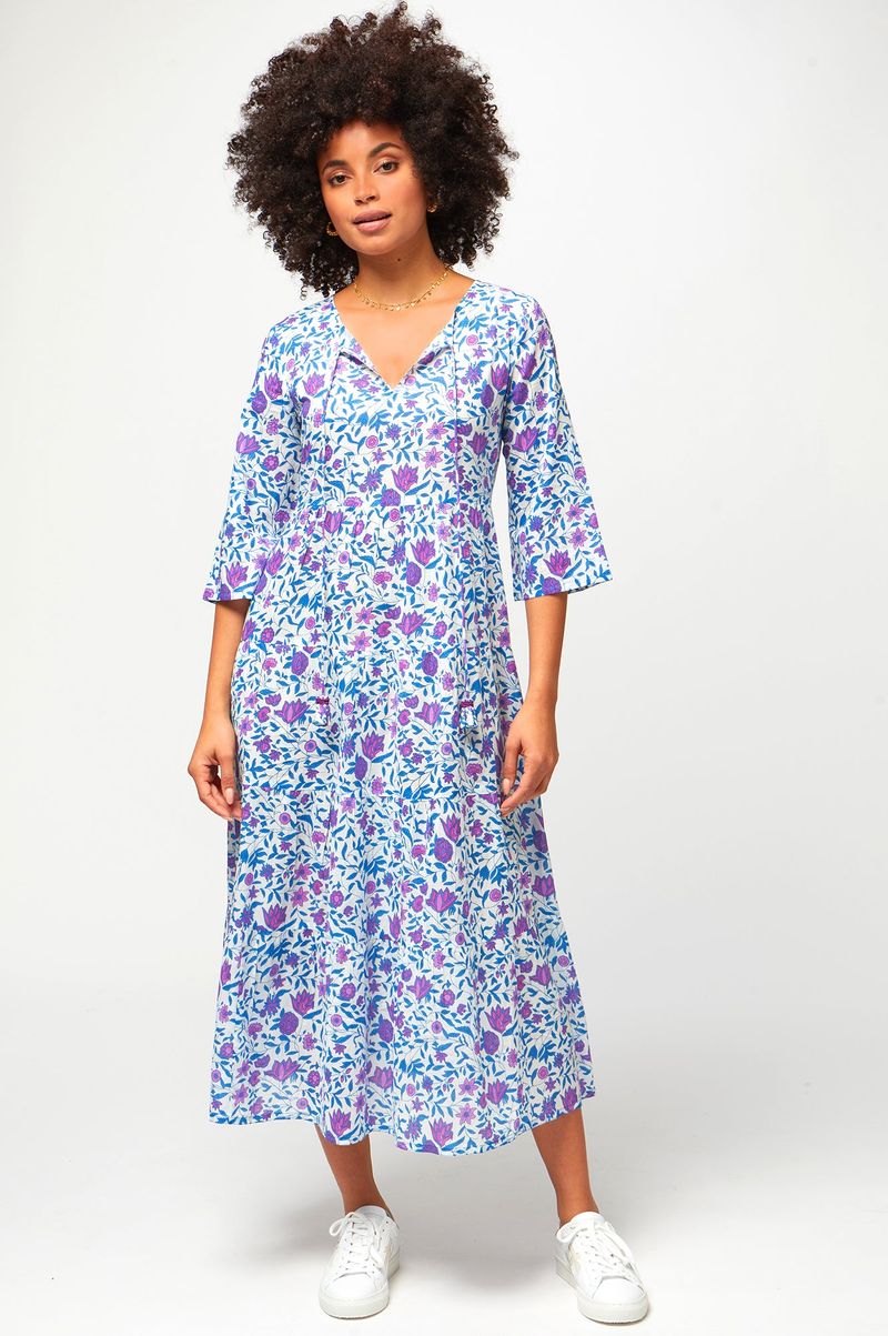 Emma Cotton Midi Dress | Botanical Posies Lilac/Blue