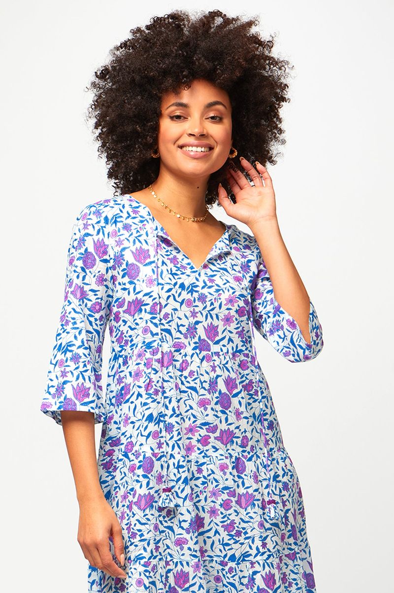 Emma Cotton Midi Dress | Botanical Posies Lilac/Blue