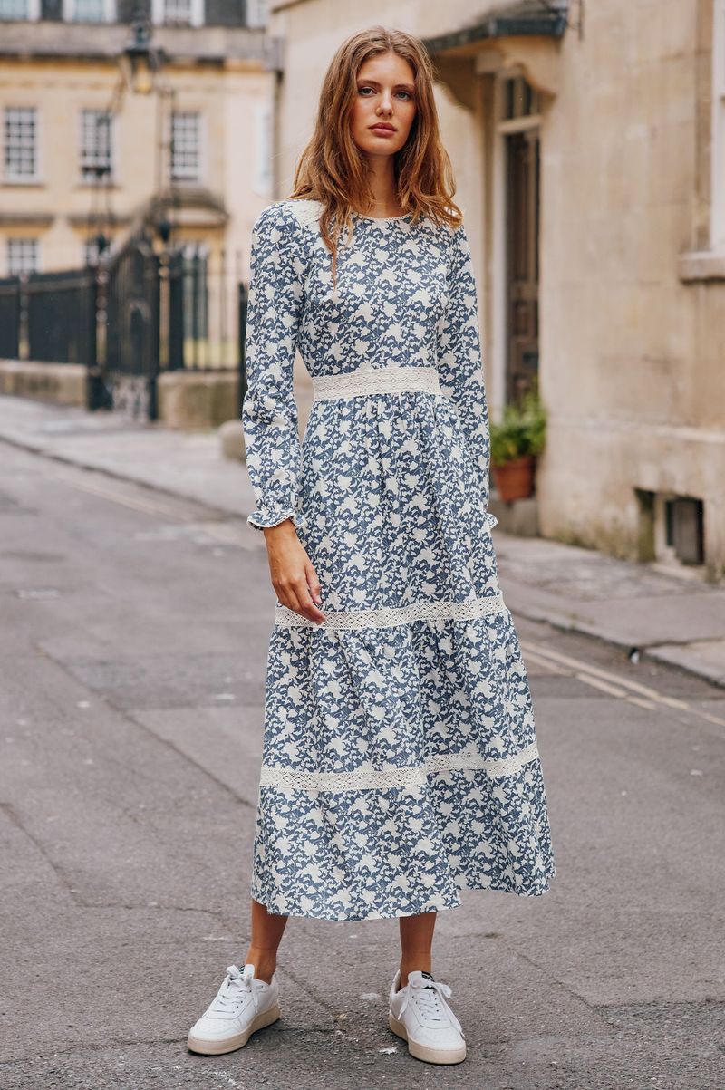 Clara Lace Panelled Dress | Grande Fleur Grey/Cream