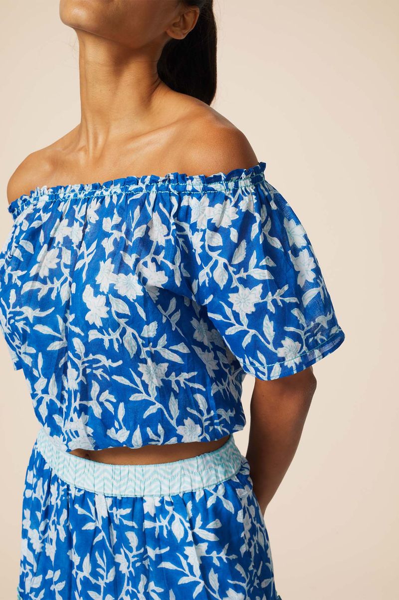 Ilana Block Print Organic Cotton Top | Japanese Flower Cobalt