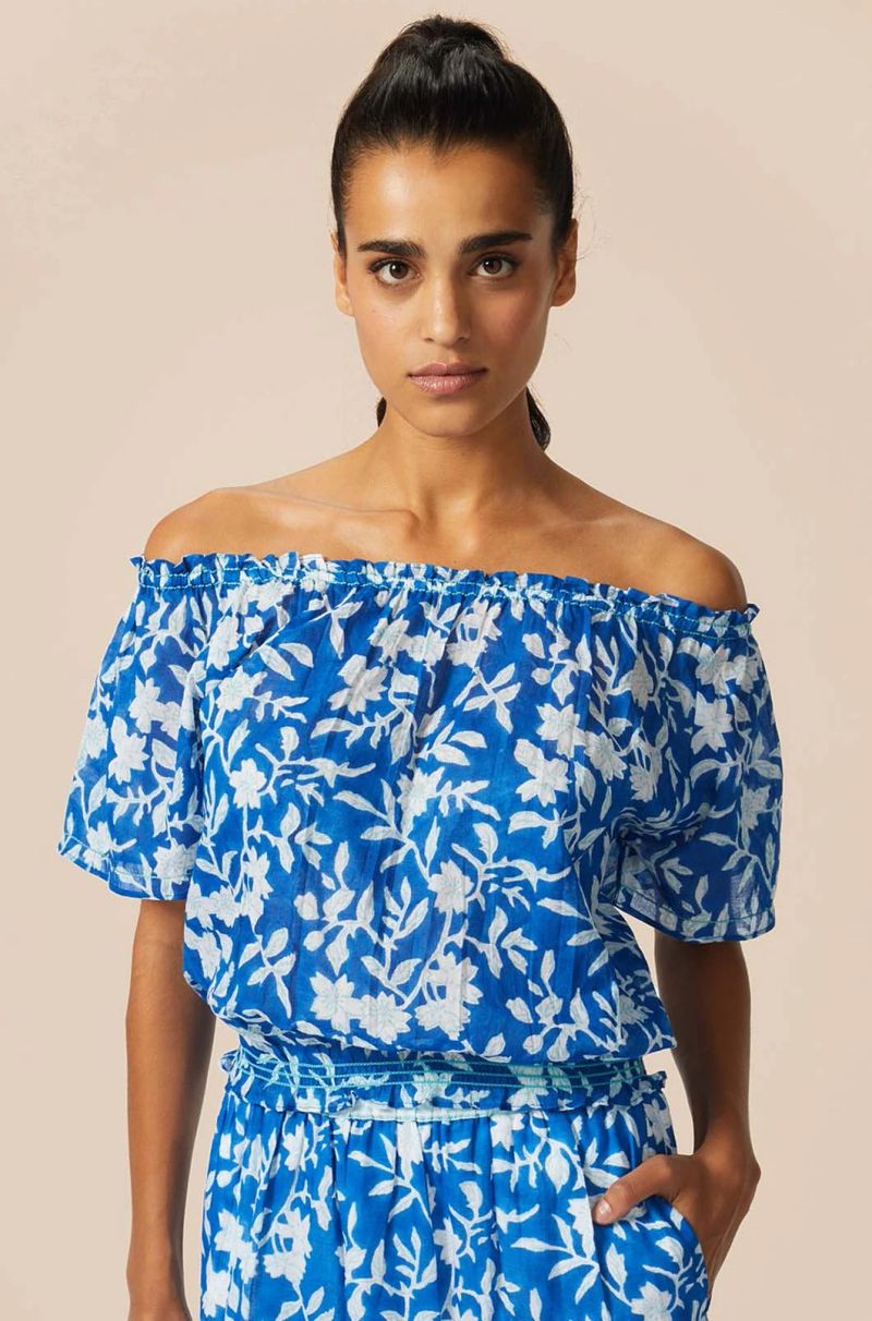 Ilana Block Print Organic Cotton Top | Japanese Flower Cobalt