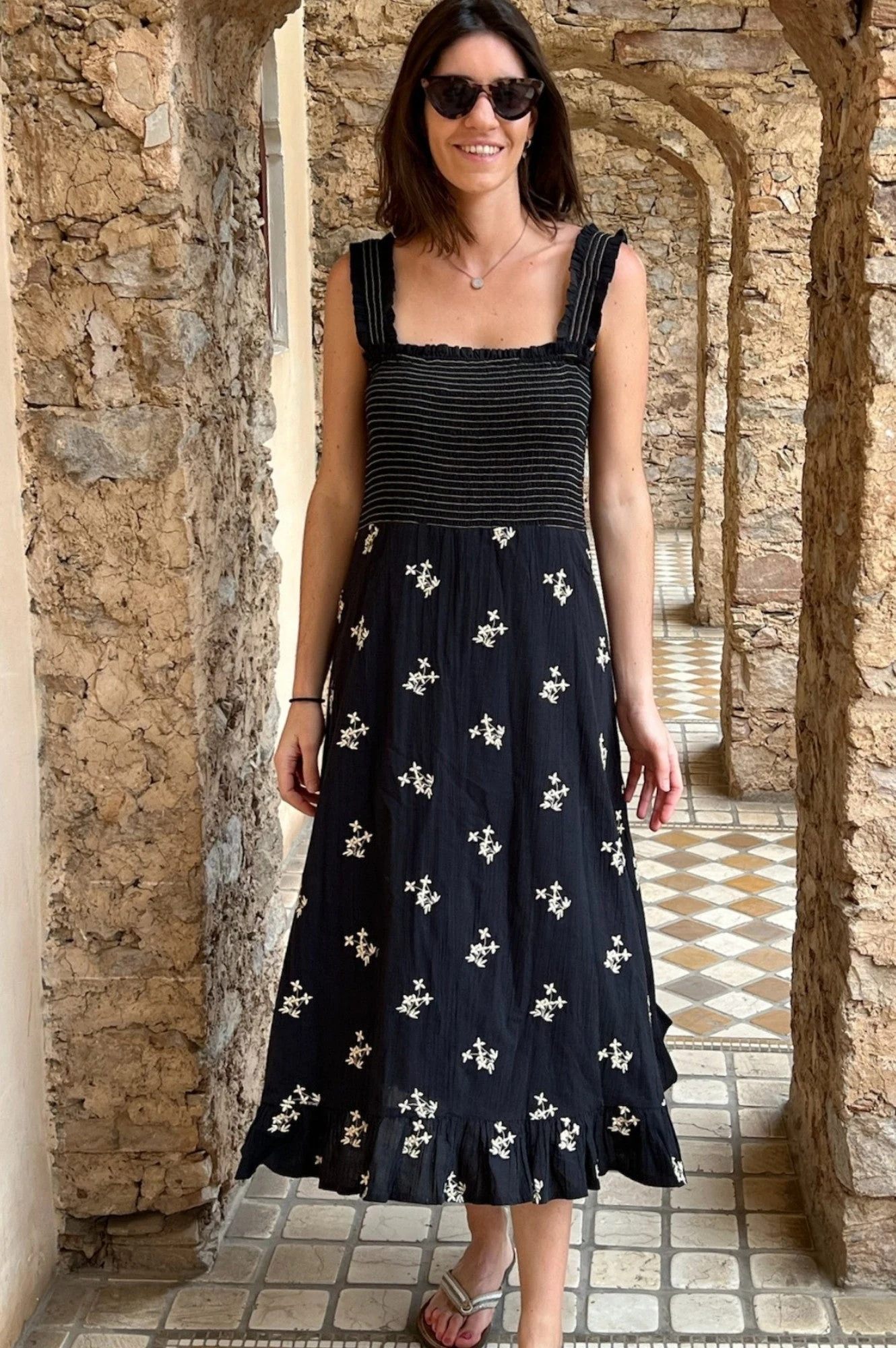 Rhianna Embroidered Dress | Black/Sand