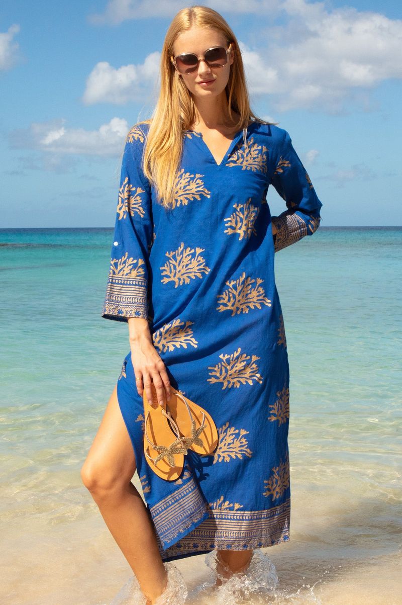 Guadalupe Maxi Organic Cotton Tunic | Cobalt/Gold
