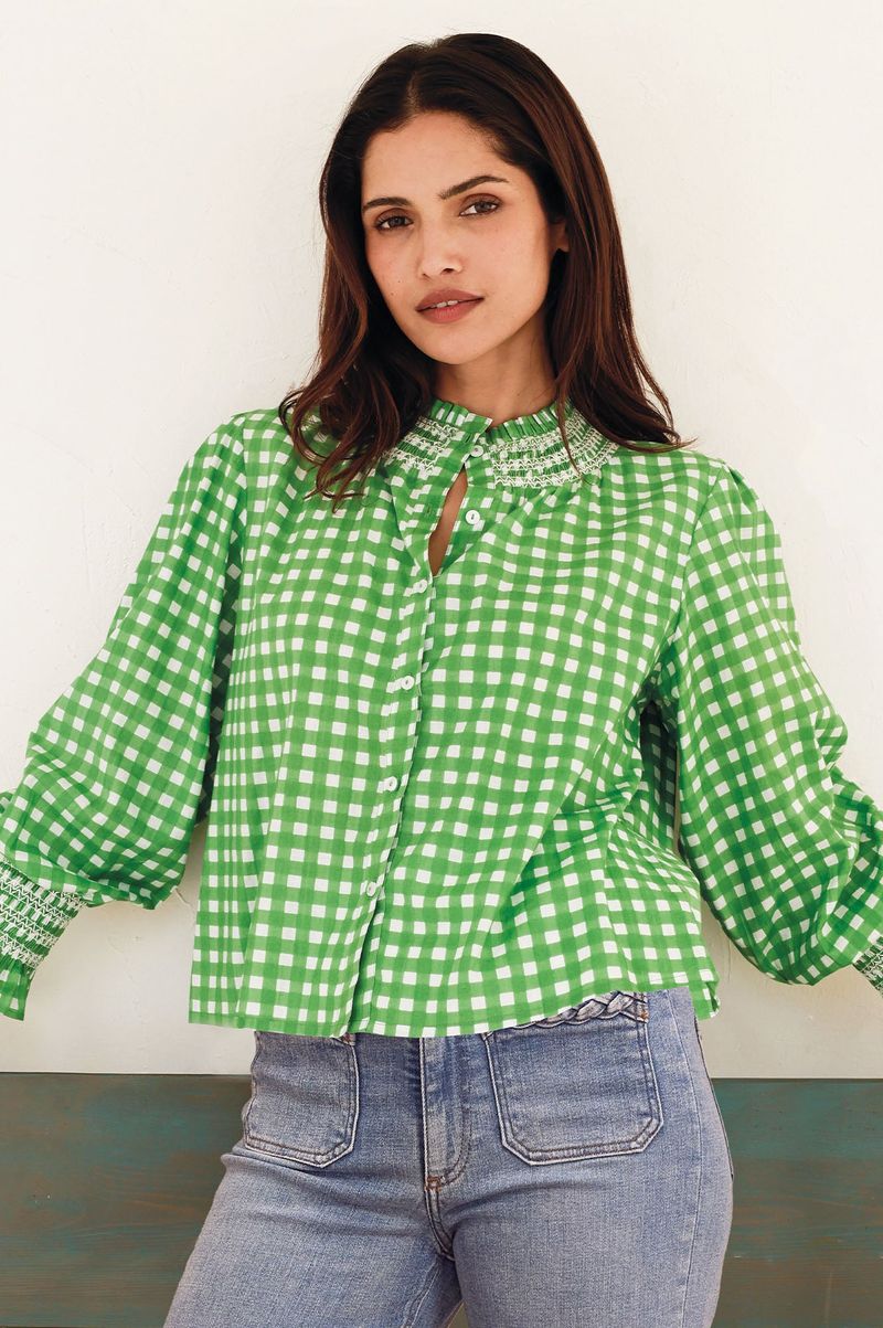 Embroidered Smocked Blouse | Check Green/White - Green/White / XL/16 - (UK 16/US 12/EU 44)