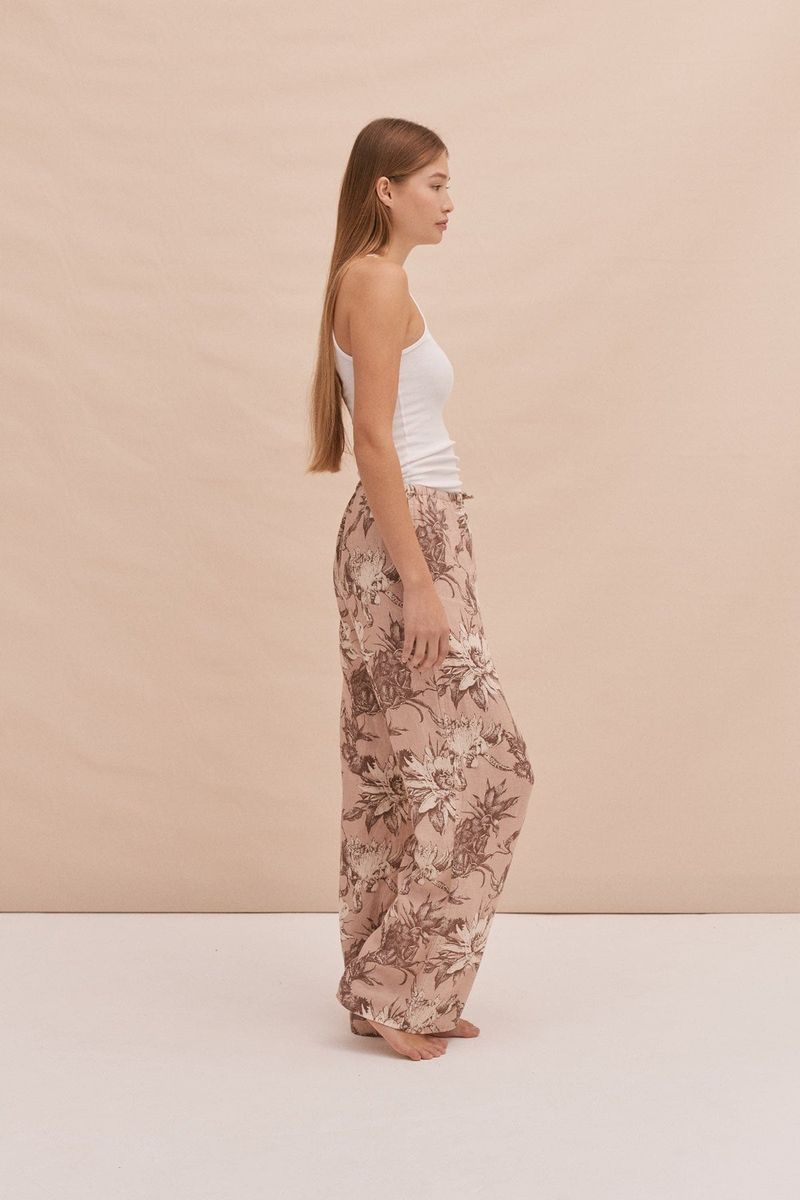 Lounge Trouser Night Bloom Print Rose Latte Linen