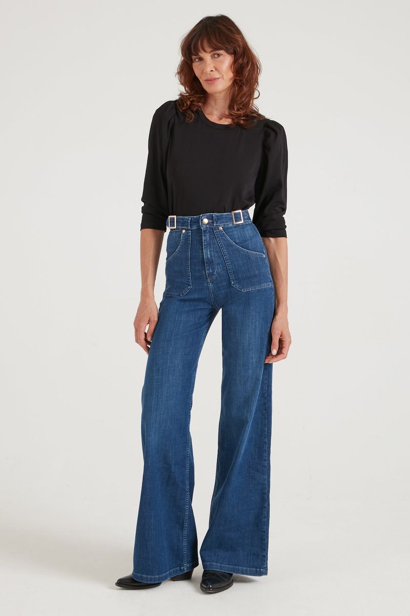 Minnie The High Top Full Length Wide Leg Flared Jeans | Moonlit Morning [Denim Blu Medio]
